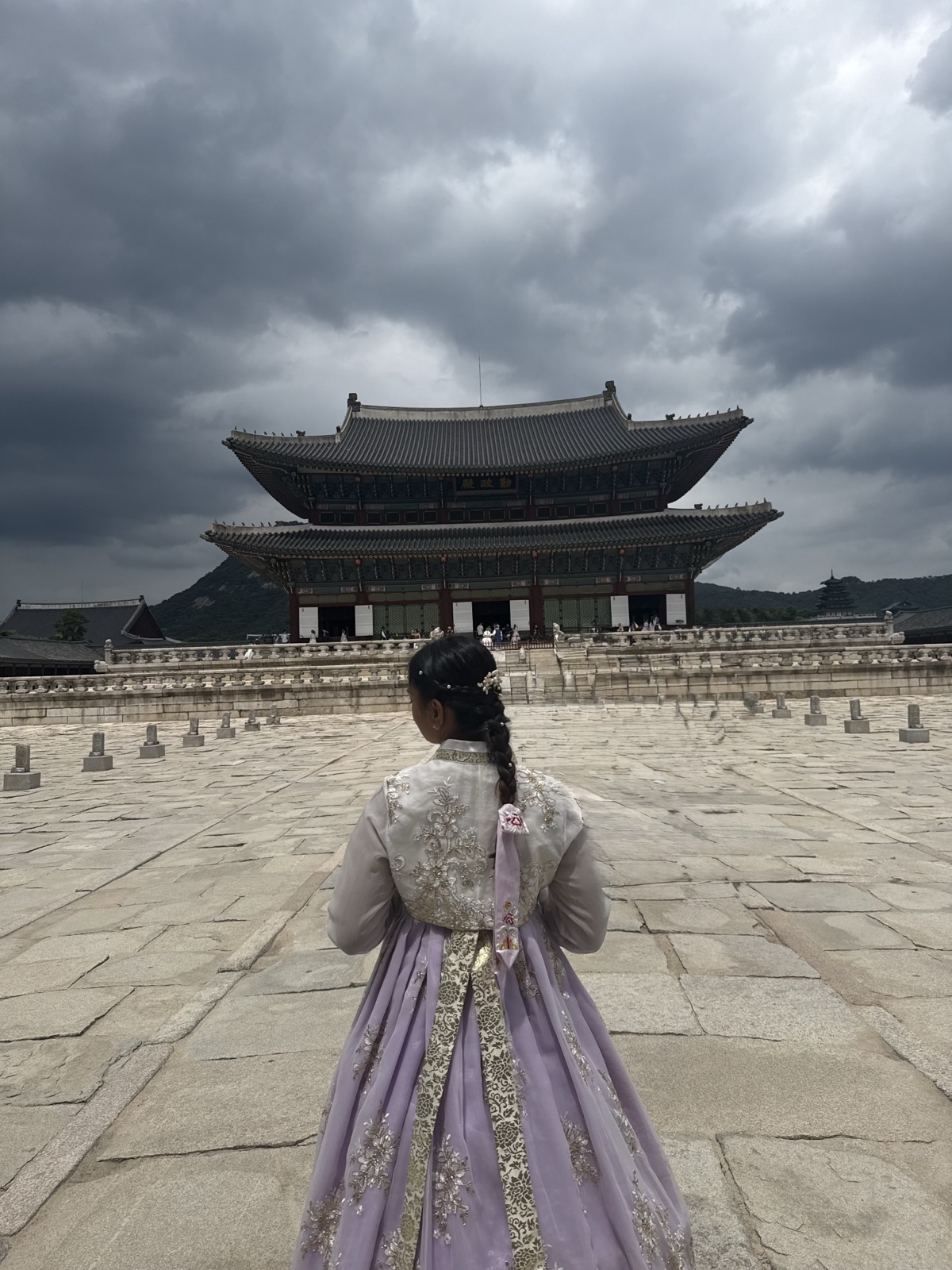 Wearing hanboks at a palace in Seoul